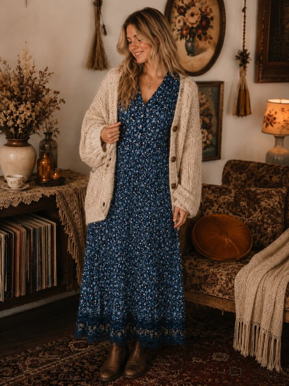 Navy Blue Ditsy Floral Lace Trim Maxi Dress